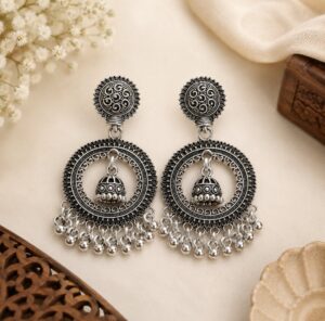 Fancy Oxidised Silver Chandbali Earrings – Ethnic Statement Jewelry DD05