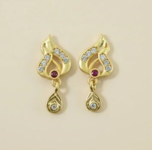 Gold Tone Leaf Earrings with Ruby Accent and Hanging Drop DD09