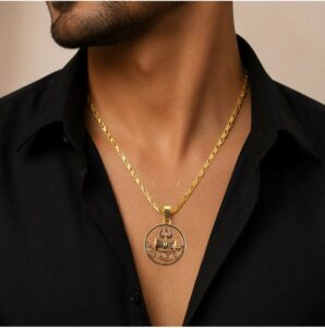 Gold Finish Mahakal Trishul Damru Pendant Chain – Divine Symbol Jewelry DD03