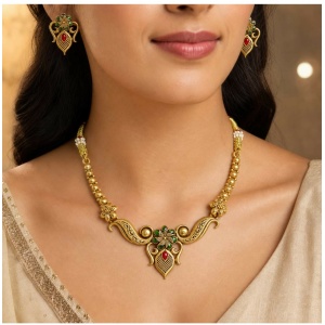Antique Traditional Necklace Set –  Temple Jewellery with Earrings DD02