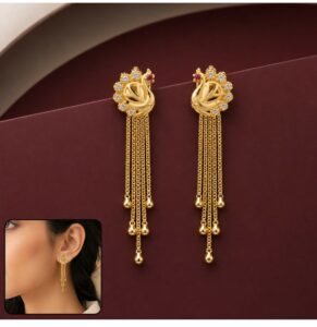 Gold Royal Peacock Dangle Earrings with Multi-Strand Chain Tassels...