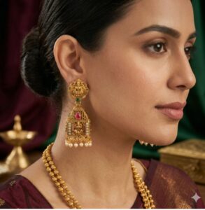 Traditional Antique Gold Plated Temple Gopuram Jhumka Earrings