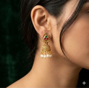 Gold Plated Peacock Leaf Design Pearl Drop Jhumka Earrings